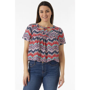 Women's Japna Coral Navy Blue Chevron Short Sleeve Blouse S